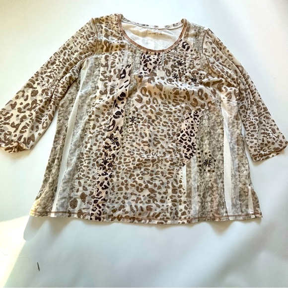 Coldwater Creek Tops - Coldwater Creek Animal Print Blouse Woman’s Size XL Mesh Patchwork Beads Boho